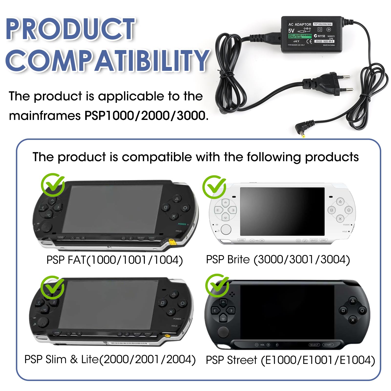 Cargador para Sony PSP 1000/2000/3000, Fuente de Alimentación 5V 2A AC Pared Cargador Cable, Power Adapter para PSP Consola, PlayStation Alimentación Portátil para 1000 2000 3000 Street Game — view 2