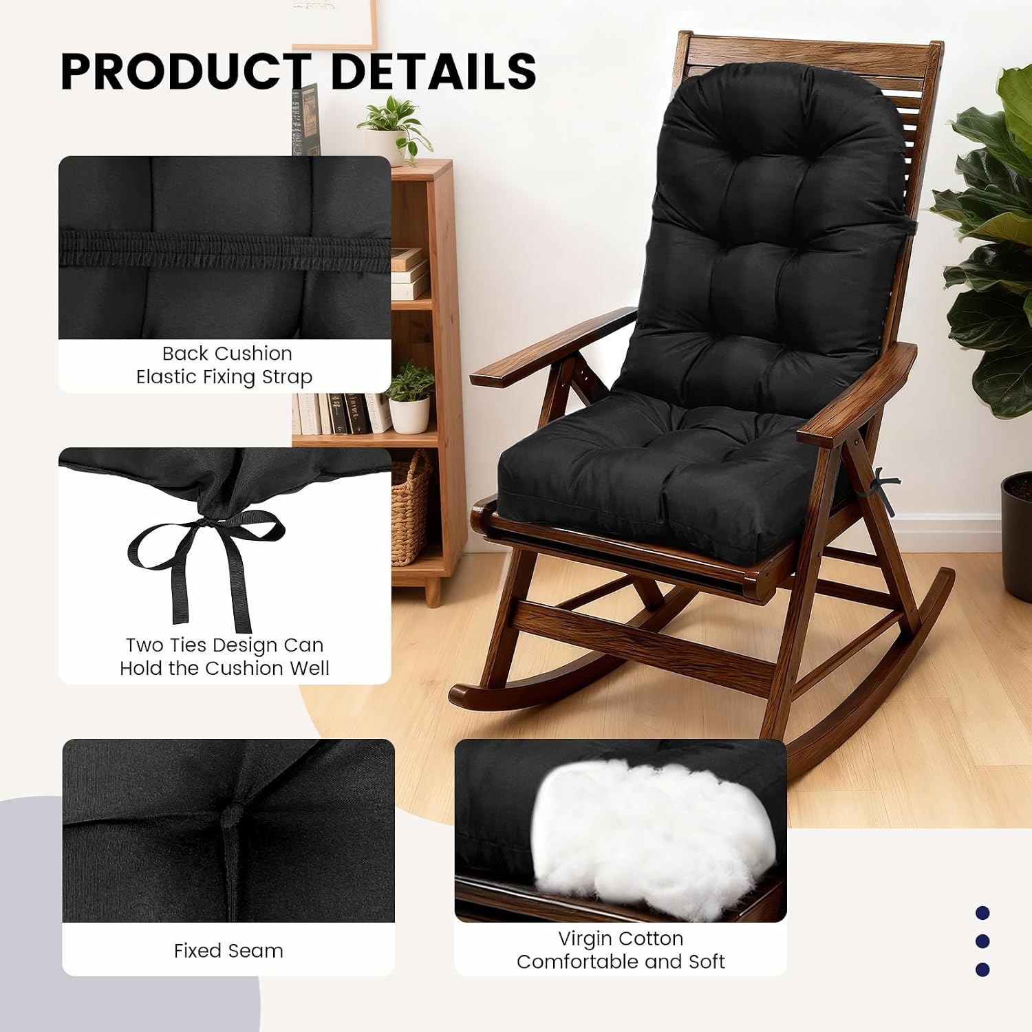 Rocking Chair Cushion, Waterproof Patio Chair Cushions with Ties, Back Pads for Indoor/Outdoor Furniture, High-Back Adirondack & Glider Chair Replacement Cushions,Black