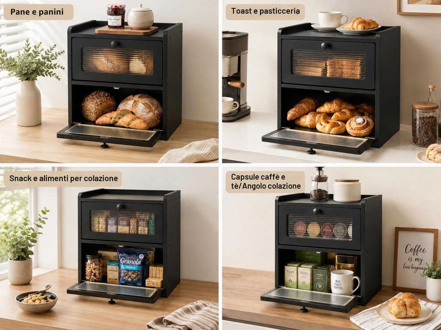 Portapane Nero 2 Livelli con Finestra in Acrilico, 36,5 x 23,7 x 34 cm