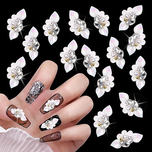 JERCLITY 20 dijes de flores para uñas, gemas y diamantes de imitación para uñas, incrustaciones de perlas, cuentas de cristales, flores acrílicas