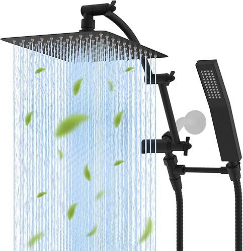 Miniatura 9 de Hibbent Cabezal de ducha de metal de 10 pulgadas, combo de cabezal de ducha cuadrado, varita de ducha de mano de alta presión, brazo de extensión de