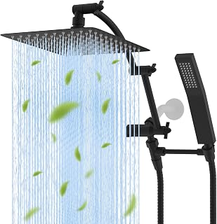 Hibbent All Metal 10'' Rainfall Shower Head, Dual Shower Head Combo, High Pressure Handheld Shower Wand, 16'' Adjustable Arc-shaped Shower Extension Arm, 71'' Hose, Showerhead Holder, Matte Black