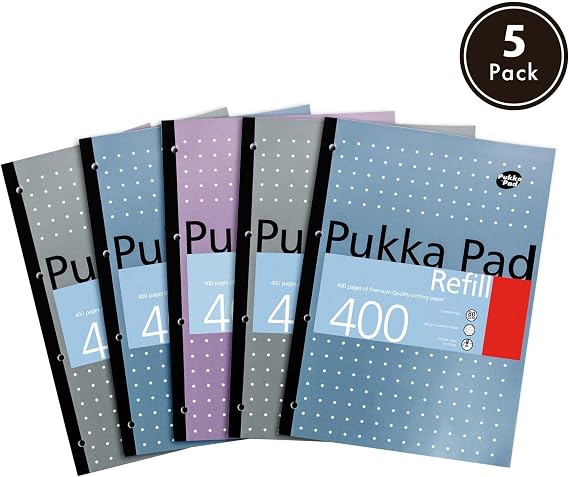 Pukka Pad A4 Refill Notepad – 5 Pack of Notebooks with 400 Pages of 80GSM Paper, 4-Hole Punch Margins, and Feint Ruled Lines – 29.7 x 21cm,Blue,White,Pink,Silver