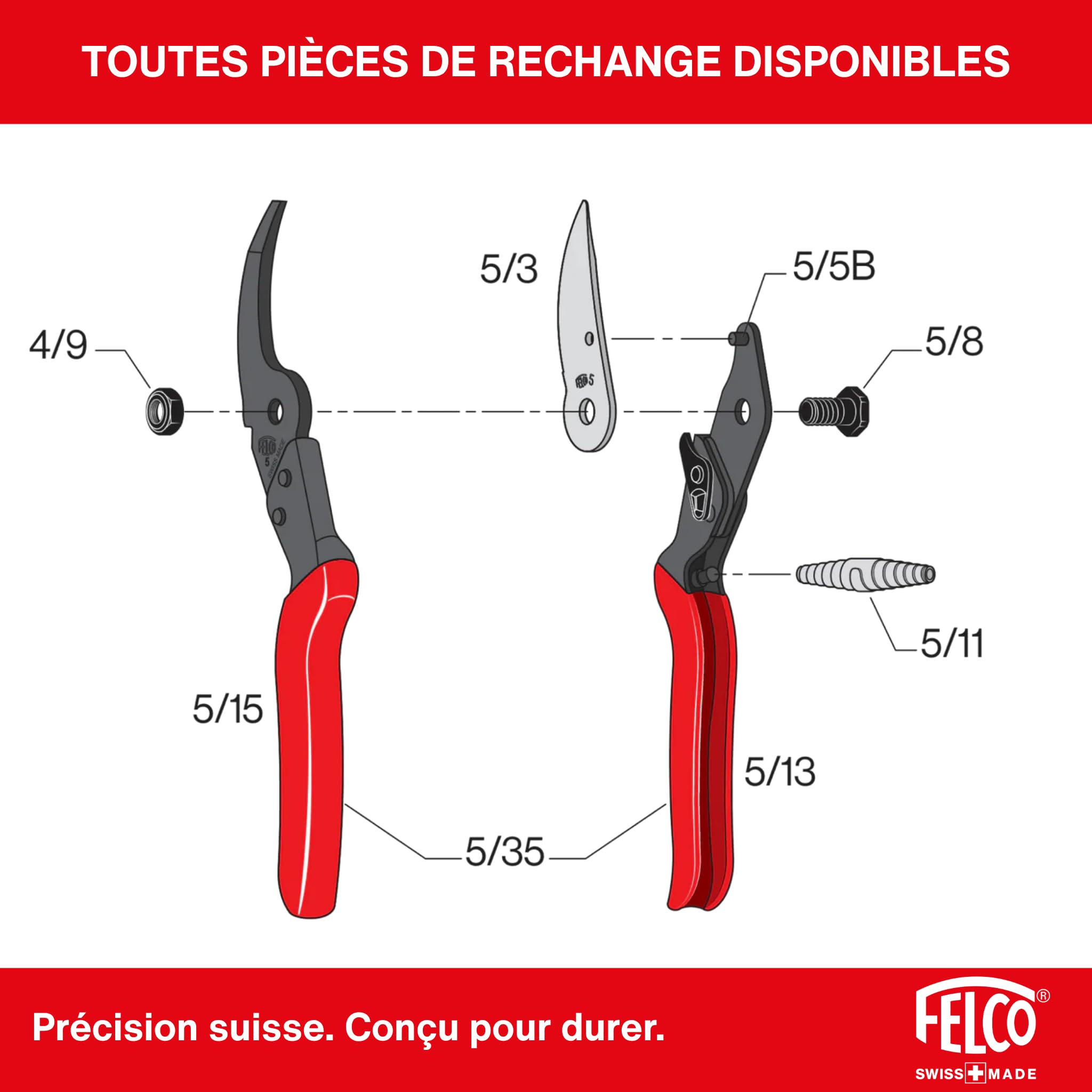 FELCO 5 sécateur puissant pour grande main droite, coupe jusqu’à 25 mm, longueur 225 mm, tête effilée pour accès facile, poignées en acier, idéal pour une taille précise au quotidien