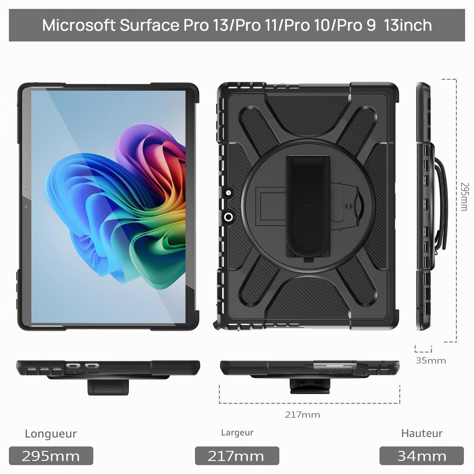 Gerutek Coque pour Microsoft Surface Pro 13" 2026/Pro 11/Pro 10/Pro 9(2024/2022), Housse de Robuste avec Support Rotatif et Dragonne, Clavier installable, Antichoc Étui Protection Surface Pro 13, Noir