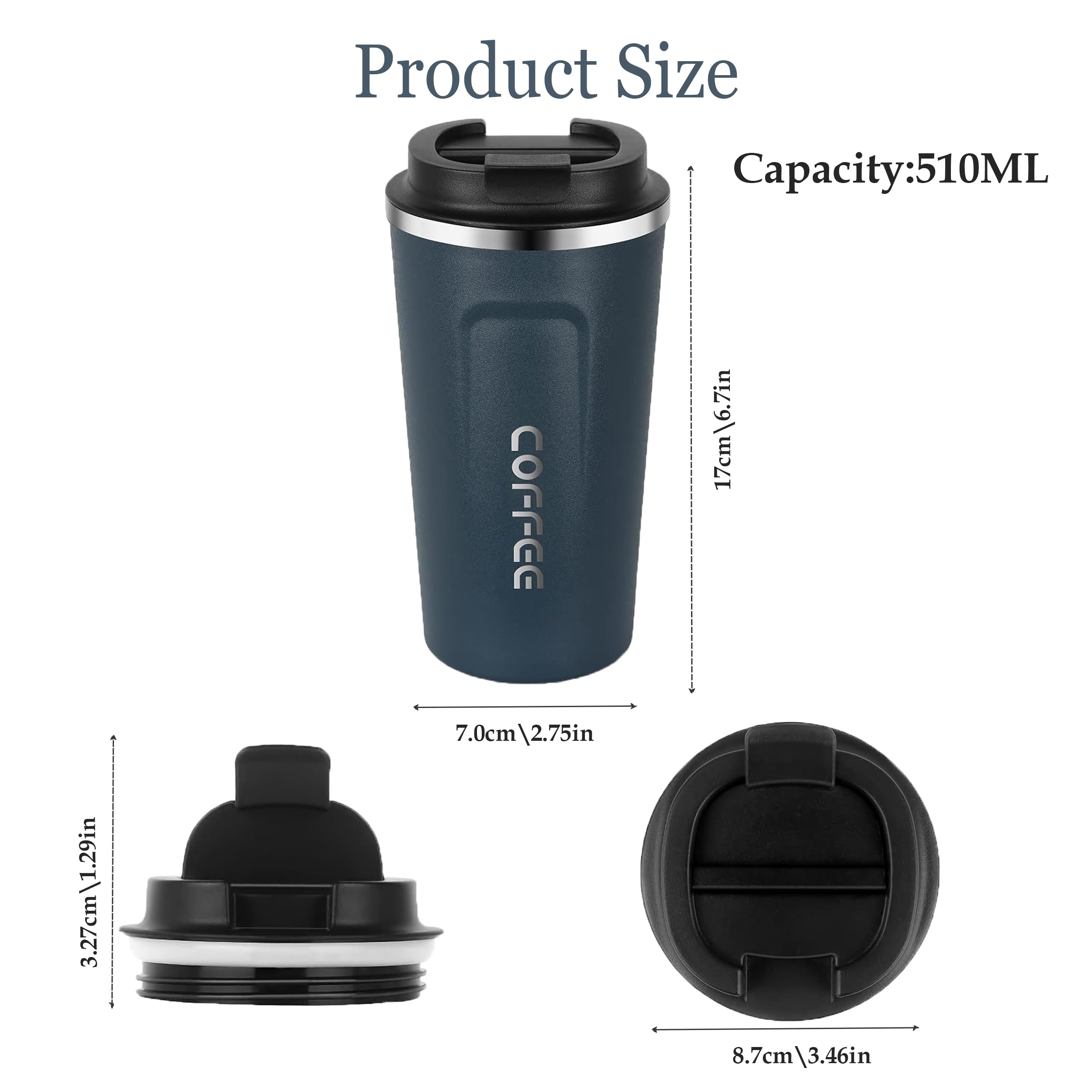 Shunshi Insulated Coffee Cup with Leakproof Lid - Reusable Travel Mug, Keeps Drinks Hot or Cold (Blue/510ML) - Image 2