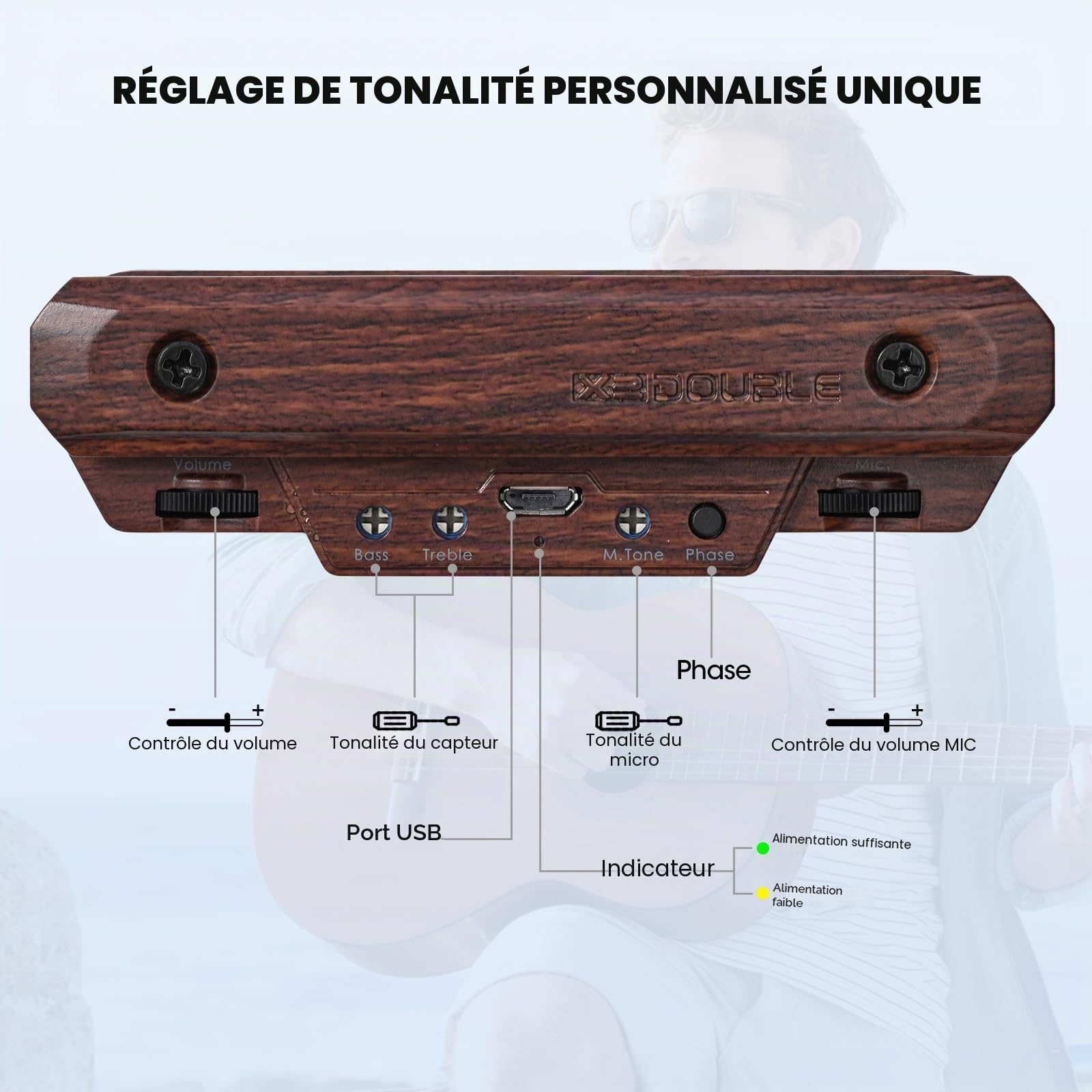 Micro de guitare acoustique rechargeable actif pour guitare acoustique - Micro réglable pour guitare - Bobine magnétique - Contrôle du volume intégré - Microphone acoustique (grain de bois)