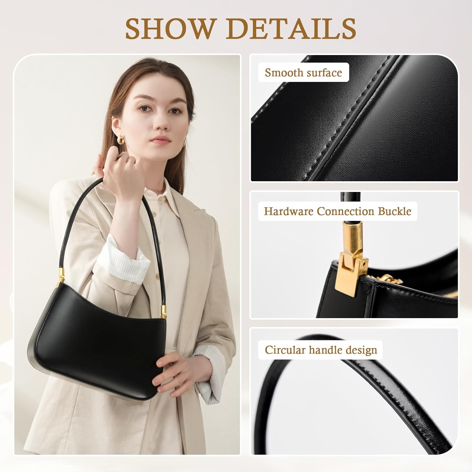 Genuine Leather Shoulder Bag, Hobo Purses for Women, Crescent Bag, Small Clutch Handbag, Cute Tote Bag with Zipper - Image 3