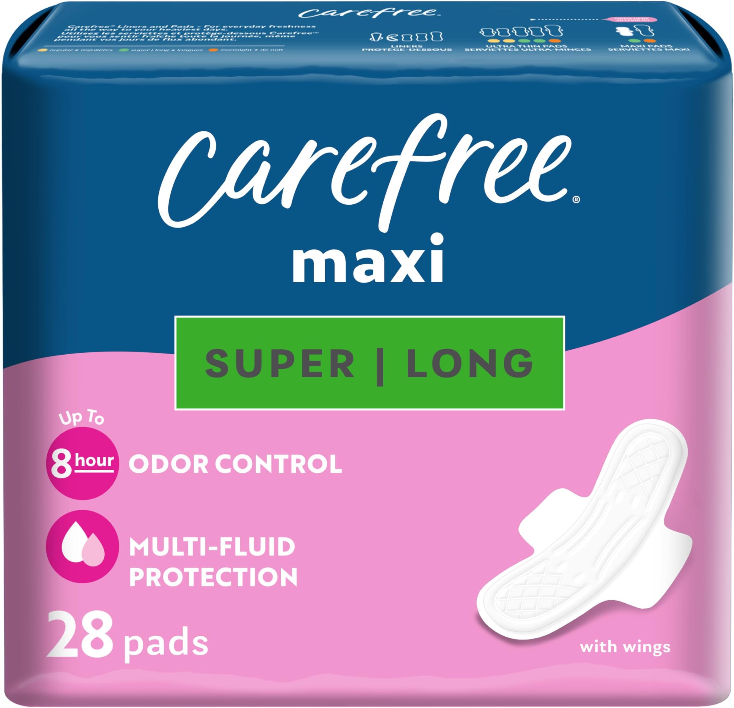 Maxi Pads for Women, Super/Long Pads with Wings, 28ct | Carefree Pads, Feminine Care, Period Pads & Postpartum Pads | 28ct (Pack of 1)