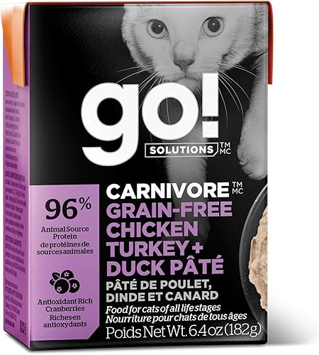 Miniatura 1 de Go! Solutions Carnivore - Alimento húmedo para gatos, sin granos, rico en proteínas, pollo, pavo y paté de pato, 6.4 onzas