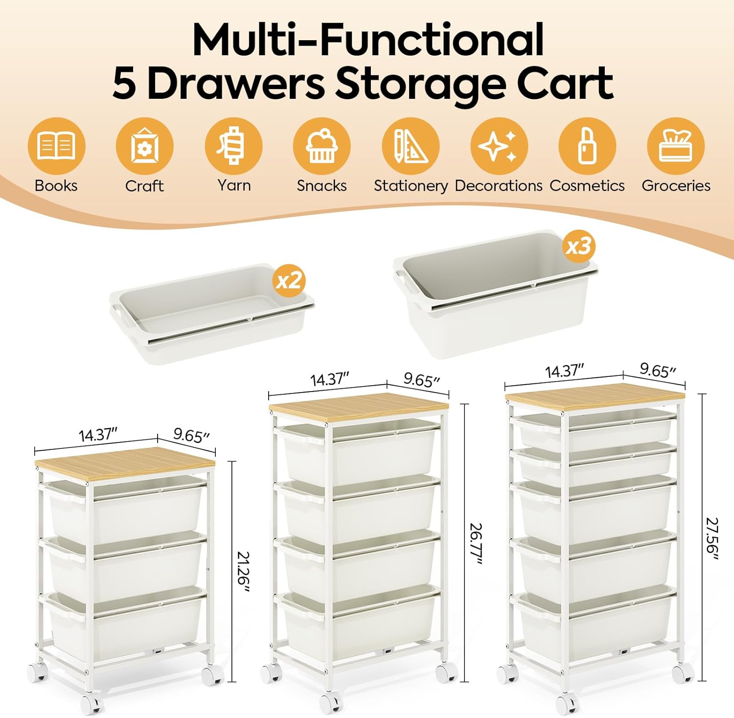 Rolling Storage Cart with 5 Drawers, Craft Organizer, Wooden Tabletop Utility Cart for Bedroom, Children's Room and Office Organization, Table Side Trolley with Lockable Wheels, White
