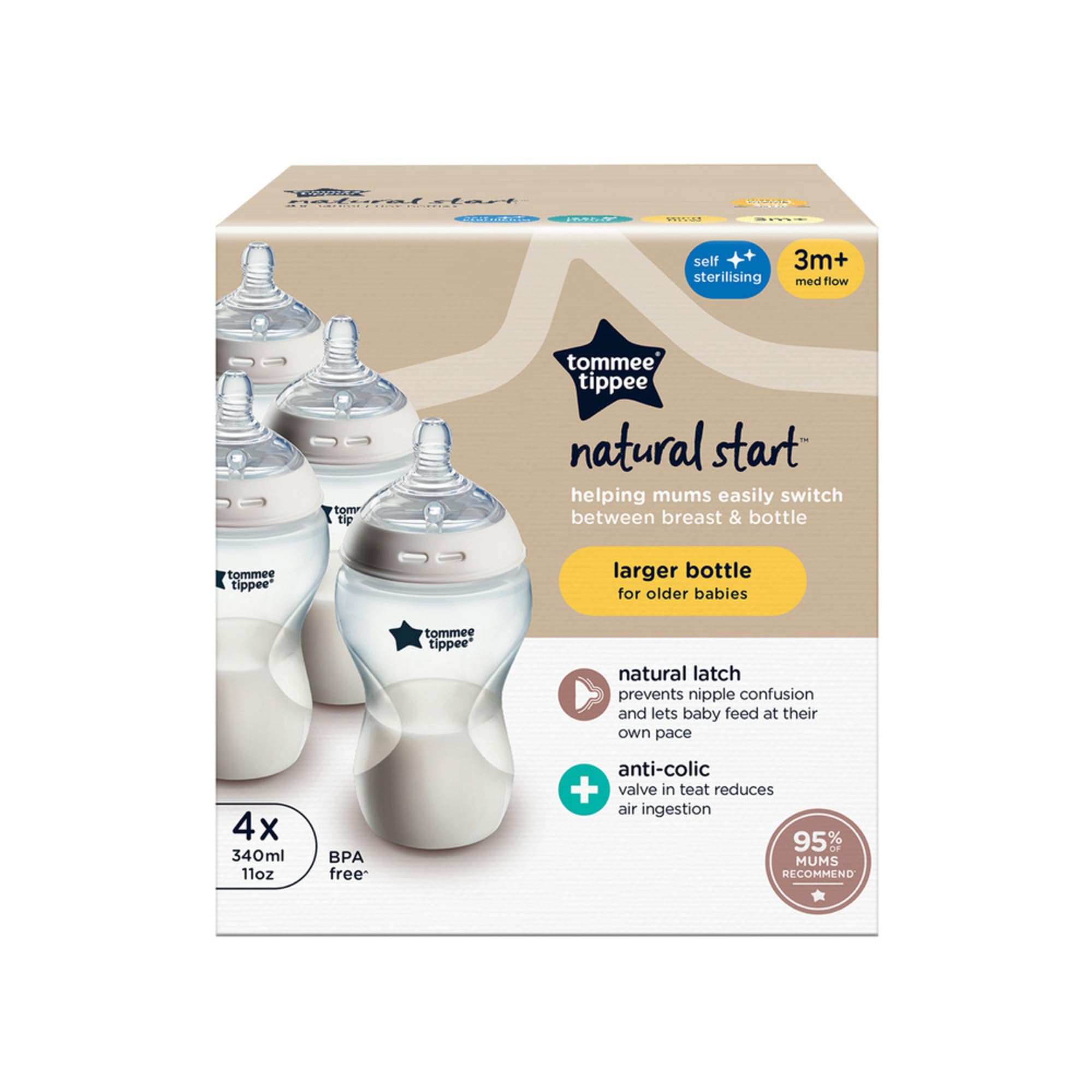 Tommee Tippee Natural Start Lot de 4 biberons de 340 ml avec tétine à débit lent pour un loquet naturel, auto-stérilisant et sans BPA