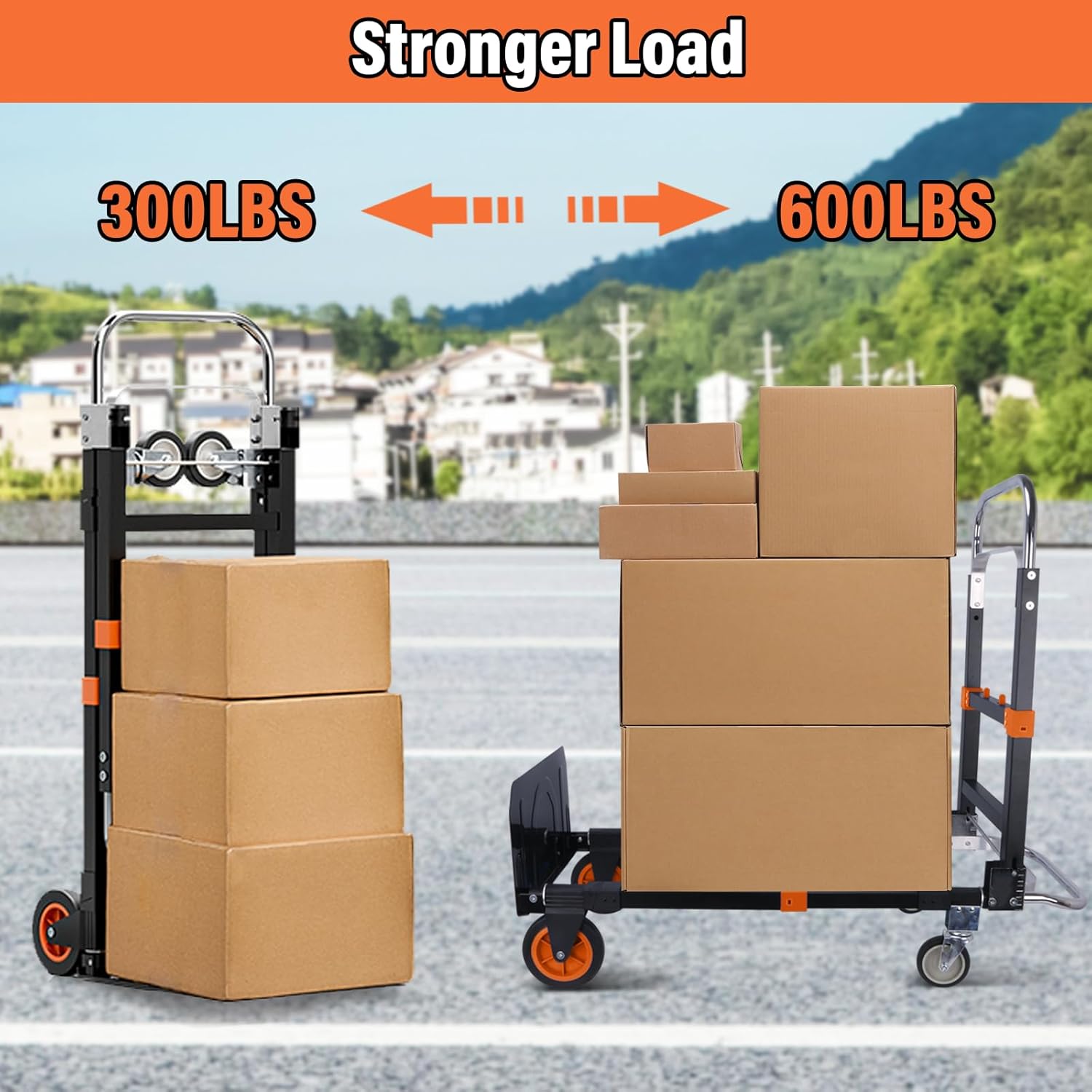 3 in 1 Folding Hand Truck, 600lbs Capacity, Heavy Duty Convertible Dolly Cart with Wheels, Collapsible Hand Truck Foldable with Telescopic Handle，Trolley for Moving Home, Office, Warehouse (Orange)