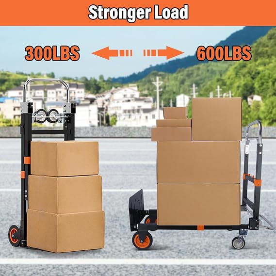 3 in 1 Folding Hand Truck, 600lbs Capacity, Heavy Duty Convertible Dolly Cart with Wheels, Collapsible Hand Truck Foldable with Telescopic Handle,Trolley for Moving Home, Office, Warehouse (Orange)