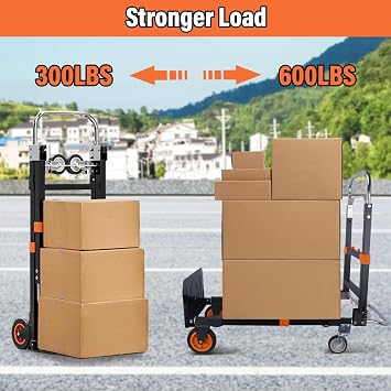 3 in 1 Folding Hand Truck, 600lbs Capacity, Heavy Duty Convertible Dolly Cart with Wheels, Collapsible Hand Truck Foldable with Telescopic Handle,Trolley for Moving Home, Office, Warehouse (Orange)