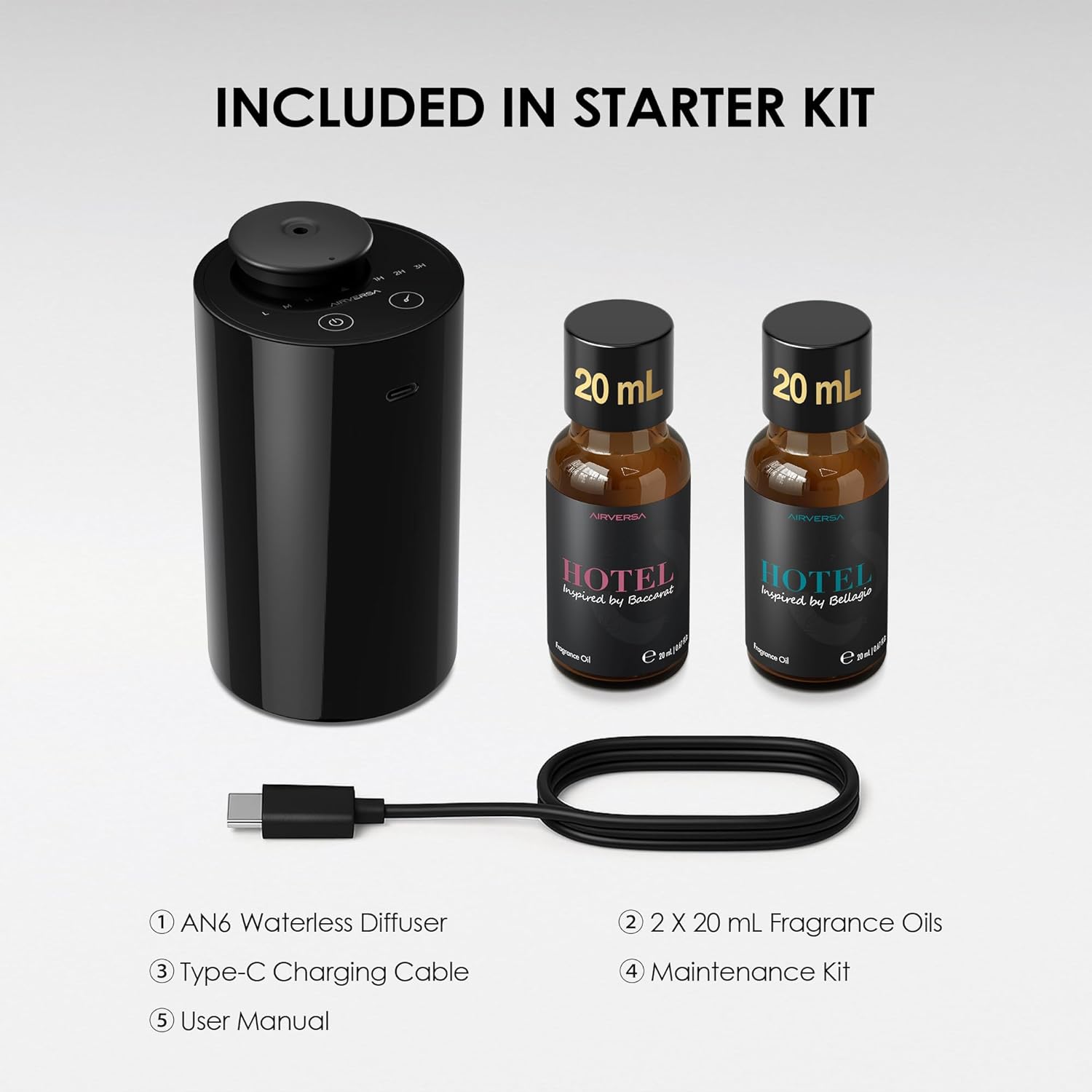 Airversa Waterless Essential Oil Diffuser Starter Kit with 2x20mL Hotel Fragrance Oils, Cordless Nebulizer for Car Home Office, Up to 600 sq ft, Mist/Timer Settings, Baterry Operated, AN6-Kit3 Black - Image 6
