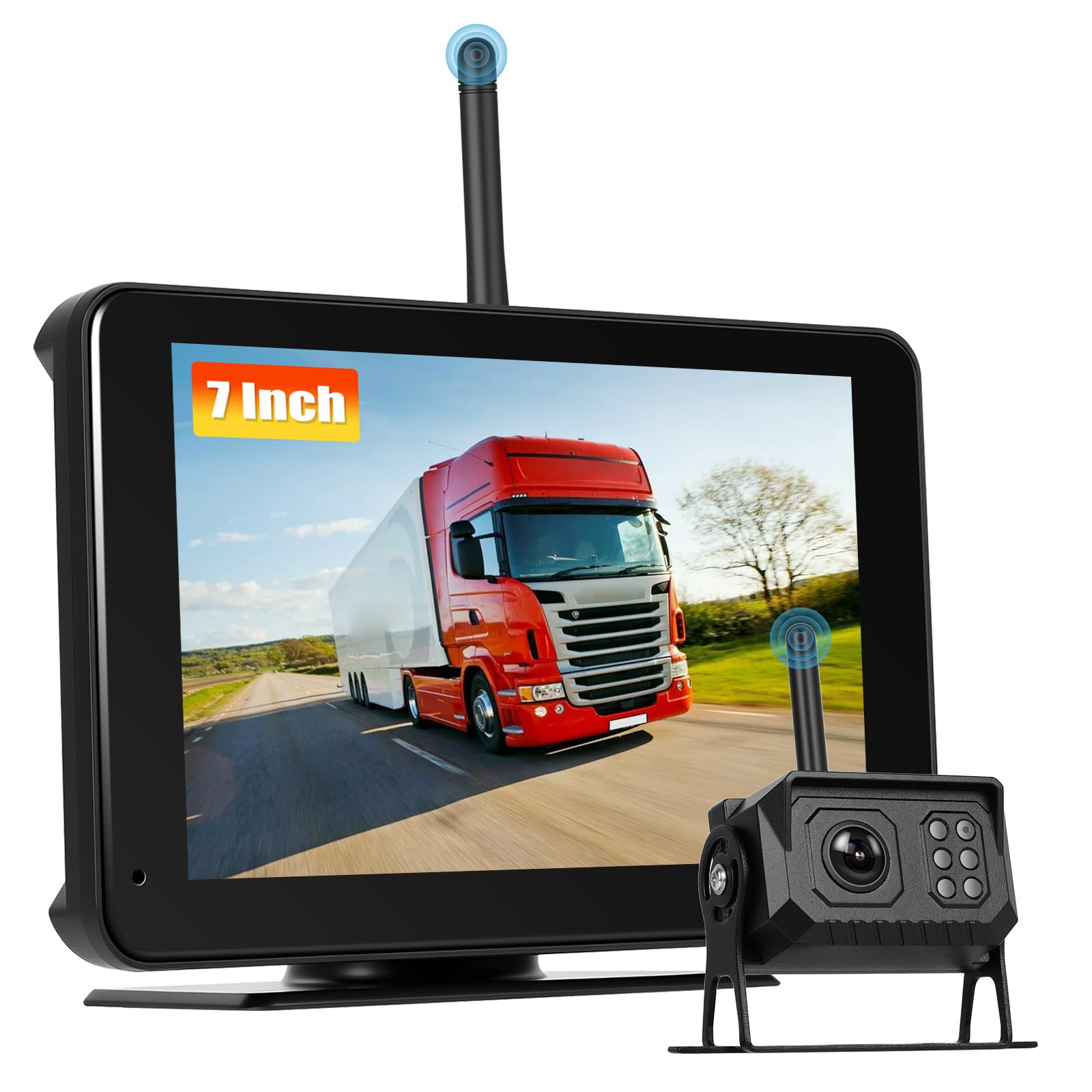 Cámara Trasera Inalámbrica con Pantalla Táctil IPS de 7 Pulgadas, BSD + Asistencia al Aparcamiento + Visión Nocturna + Resistente al Agua IP68 + Grabación en Bucle, 12-24 V