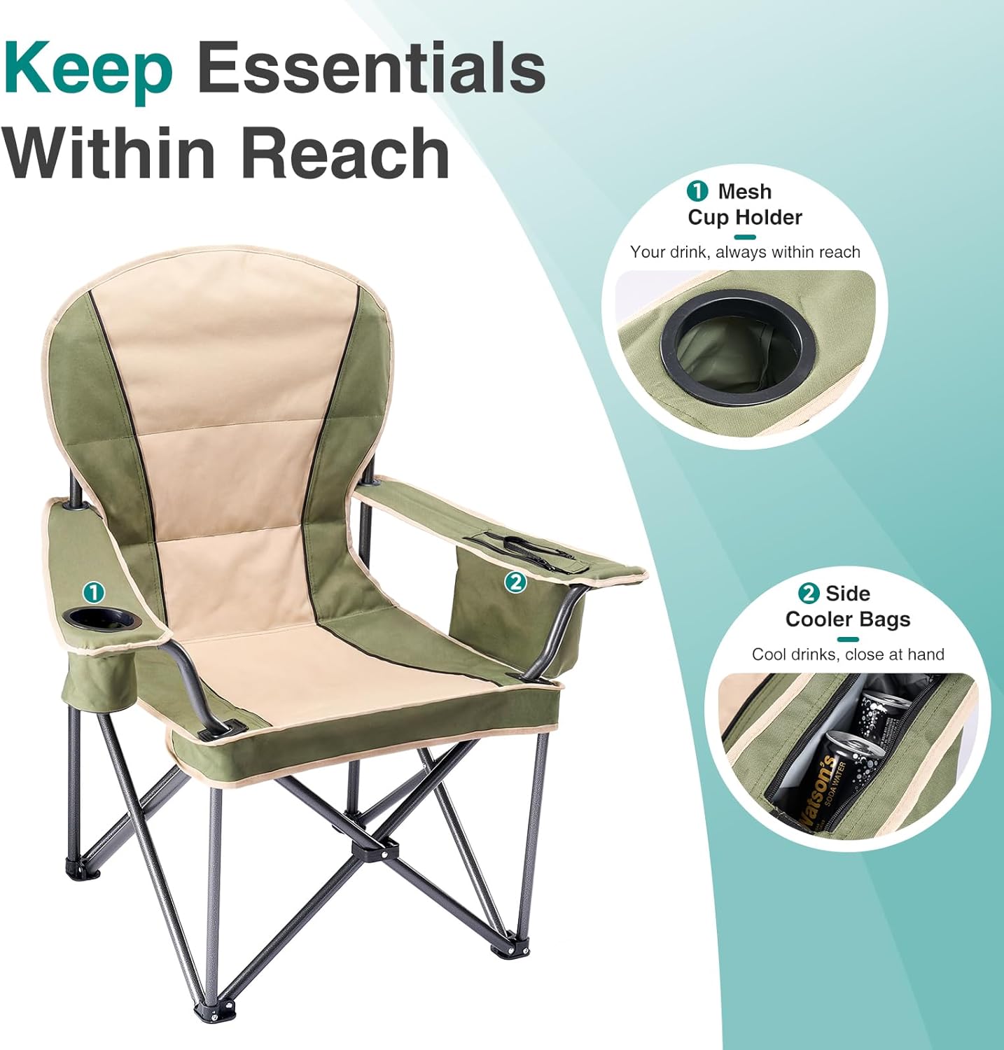 OLIXIS Folding Camping Chair, Portable Collapsible Chair with Cup Holder, Non-Slip Feet, Heavy Duty Lawn Chair for Hiking Beach Sports, Cooler Bag, Thicken 300D Oxford, 500 LBS, Green