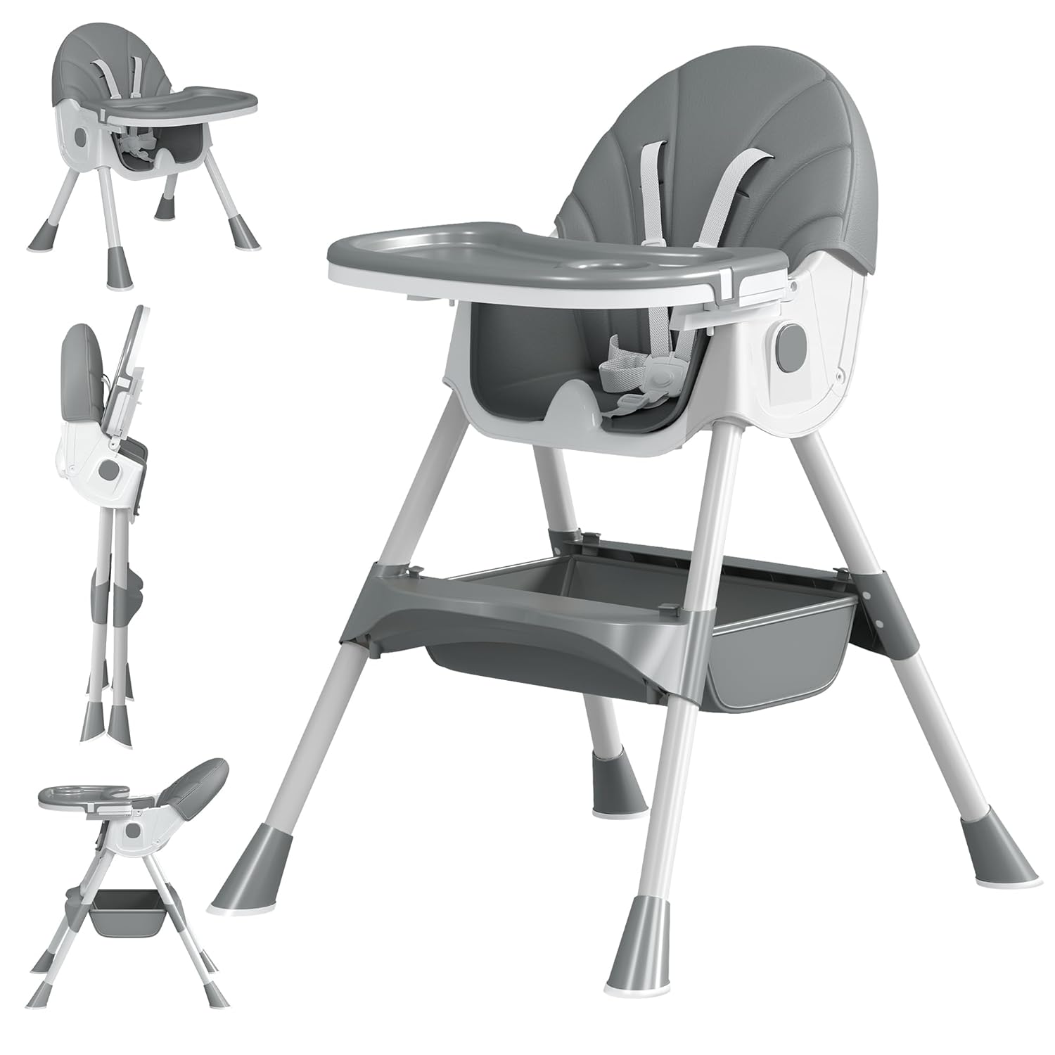 Baby High Chair, 5 in 1 High Chairs for Babies and Toddlers, Travel Foldable High Chair with Foot Rest, Detachable PU Cushion, Double Removable Tray, Adjustable Height & Recline Solid Grey