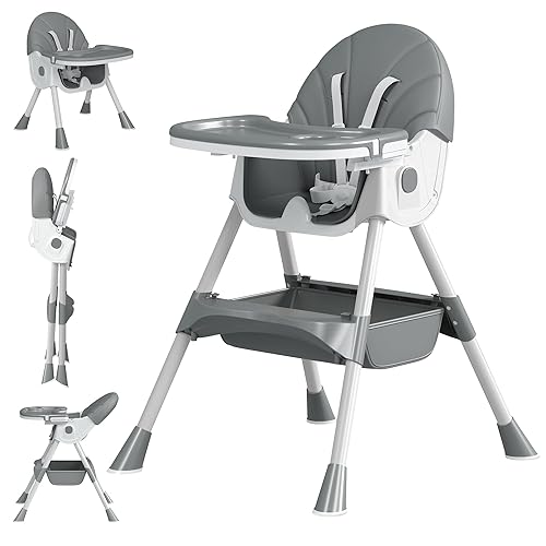 Silla alta para bebé, sillas altas 5 en 1 para bebés y niños pequeños, silla alta plegable de viaje con cojín de poliuretano desmontable, doble Gris