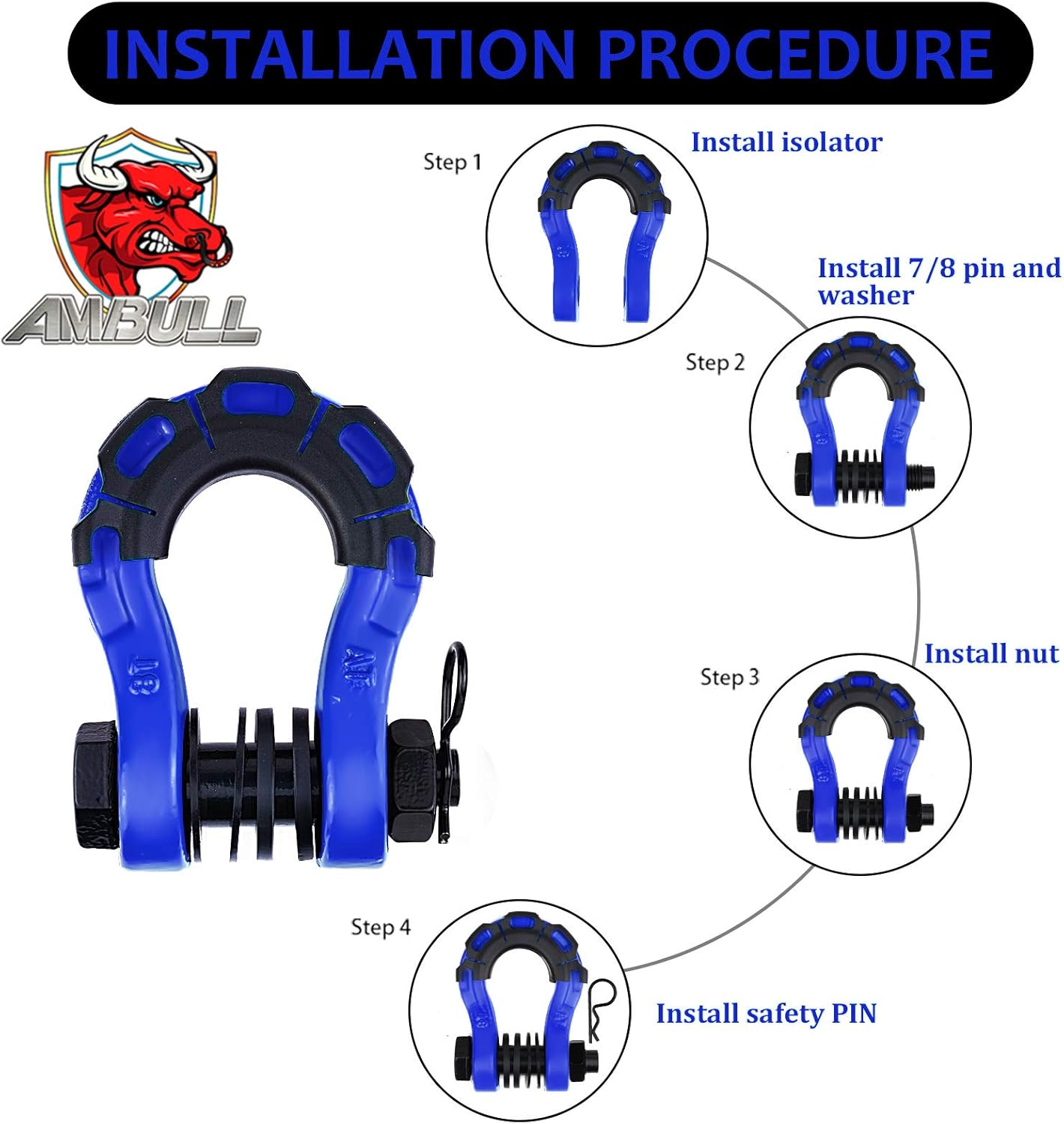 Shackles Upgrade 3/4" D Ring Shackle (2 Pack) 70,000 lbs Break Strength with 7/8" Pin, Isolator and Washer Kits for Use with Tow Strap, Winch, Off-Road Truck Vehicle Recovery, Blue - Image 6