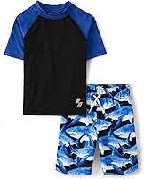 The Children's Place Boys' UPF 50+ Short Sleeve Rashguard & Shark Print Swim Trunks 2-Piece Set