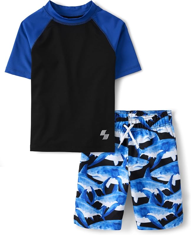 The Children's Place Boys' Short Sleeve Rashguard and Swim Trunk, 2-piece Set