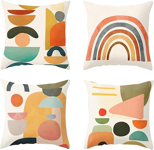 4 fundas de almohada modernas de estilo abstracto de mediados de siglo, 18 x 18 pulgadas, fundas de almohada bohemias para sofá, fundas de cojín