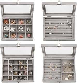 Lawei 4 Pack Clear Jewelry Organizer, Velvet Jewelry Box Container for Earring Necklace Ring and Bracelet, Jewelry Storage Tray, Jewelry Display Case Store Showcase Box Gifts for Girls, Women, Gray