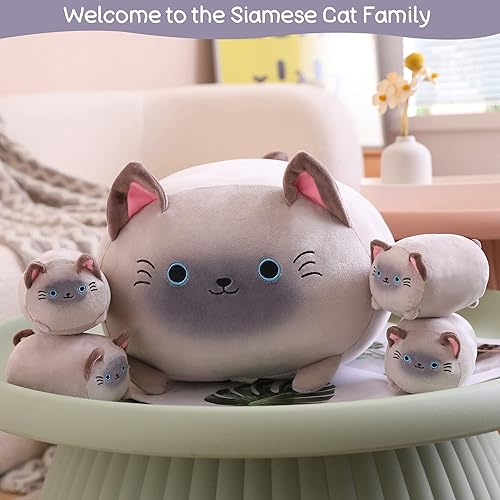Miniatura 2 de SQEQE Peluche de gato siamés, lindo gato siamés, mamá con 4 gatitos blandos en su barriga, suave almohada de peluche de gato siamés regalos para