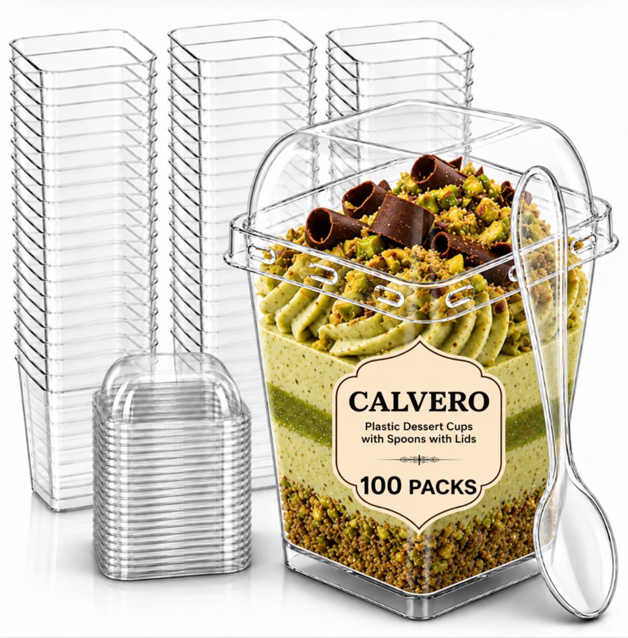CALVERO 100 Pack Dessert Cups with Lids and Spoons 300-Piece Set