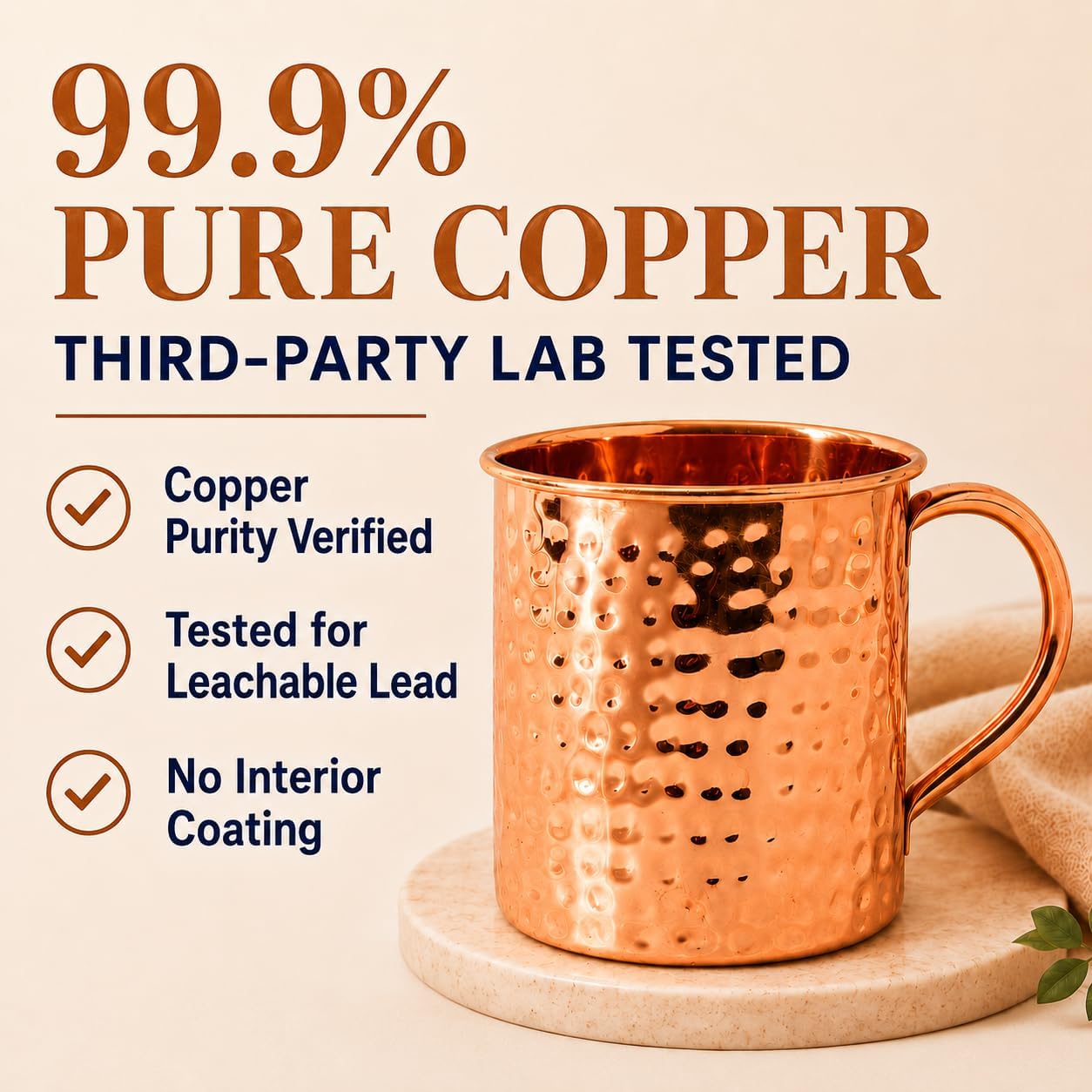 100% Solid Pure Copper Mug, Unlined 16 oz Cup-Hammered