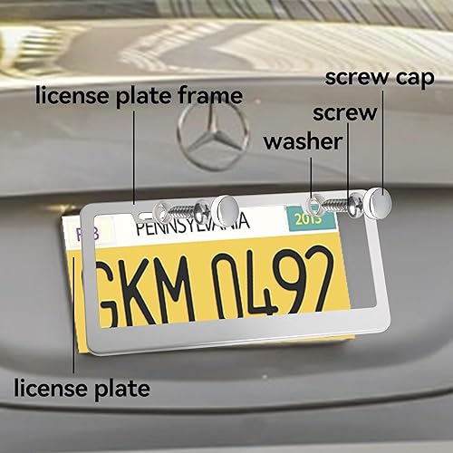 Miniatura 7 de Marco de matrícula de acero inoxidable pulido con tapas de rosca cromadas, 2 agujeros inoxidables, acabado cromado a prueba de óxido, 2 unidades