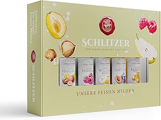 Schlitzer Milde Spirituosen Geschenkset – Tasting Box mit 5 Miniaturflaschen (0,02L) – Himbeere, Birne, Zwetschge, Haselnuss, Marille – Hochwertige Obstbrände als Geschenkidee für Genießer