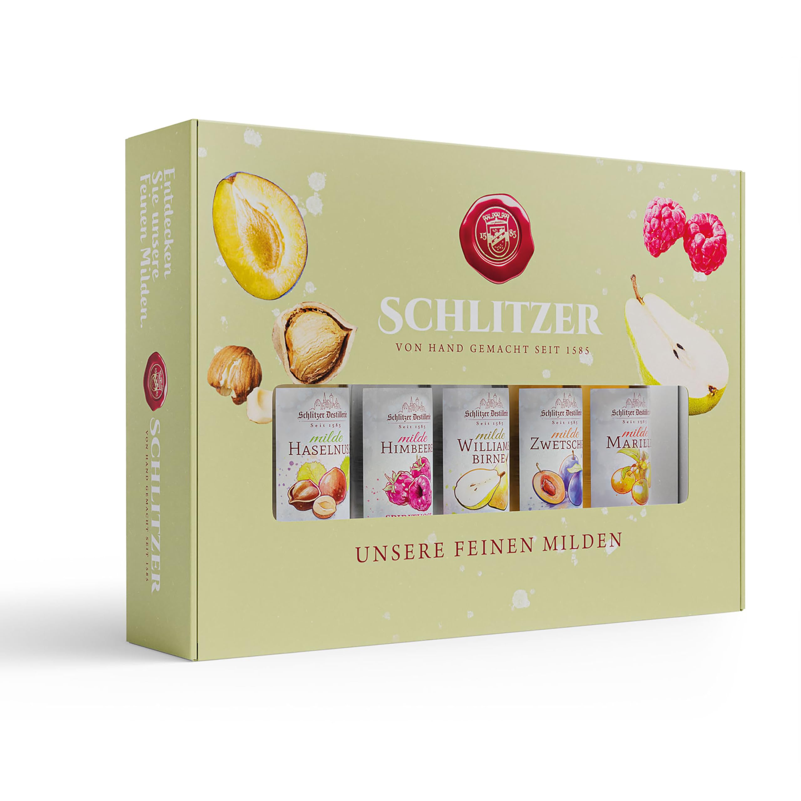 Schlitzer Milde Spirituosen Geschenkset – Tasting Box mit 5 Miniaturflaschen (0,02L) – Himbeere, Birne, Zwetschge, Haselnuss, Marille – Hochwertige Obstbrände als Geschenkidee für Genießer