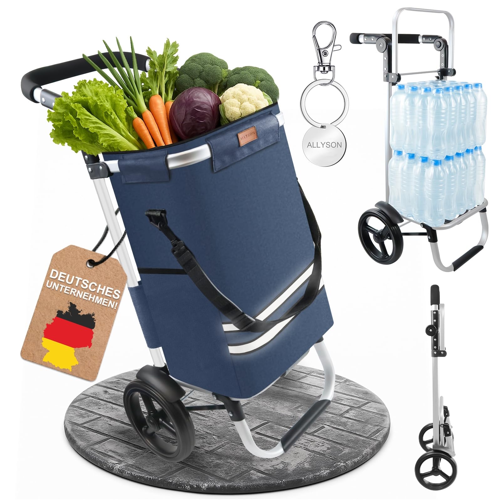 Allyson Einkaufstrolley klappbar mit 56L Kapazität ，3in1 Trolley Sackkarre & Umhängetasche，Einkaufstrolley mit Reflektoren | inkl. Kühlfach & Einkaufswagenchip (Denim)
