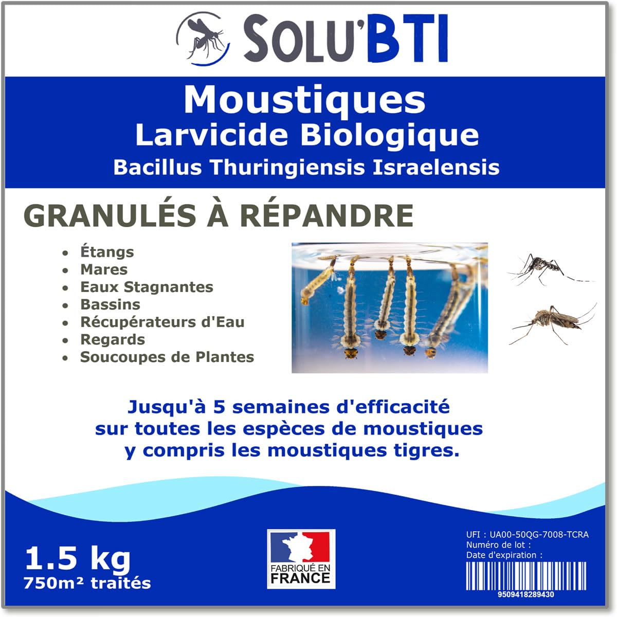 SOLU'BTI - Moustiques - 1,5 kg de Larvicide Biologique - BTI - Bacillus Thuringiensis
