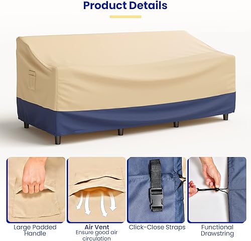 Miniatura 6 de Tangkula Funda impermeable para sofá de 3 plazas para patio, con asa acolchada y correas de cierre de clic, ventilación de aire, funda de sofá de