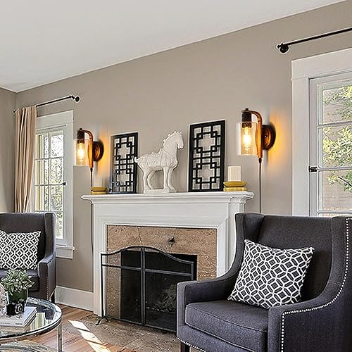 Miniatura 7 de Juego de 2 apliques de pared enchufables con interruptor táctil, regulables, con iluminación de pared de vidrio ámbar para casa de campo,