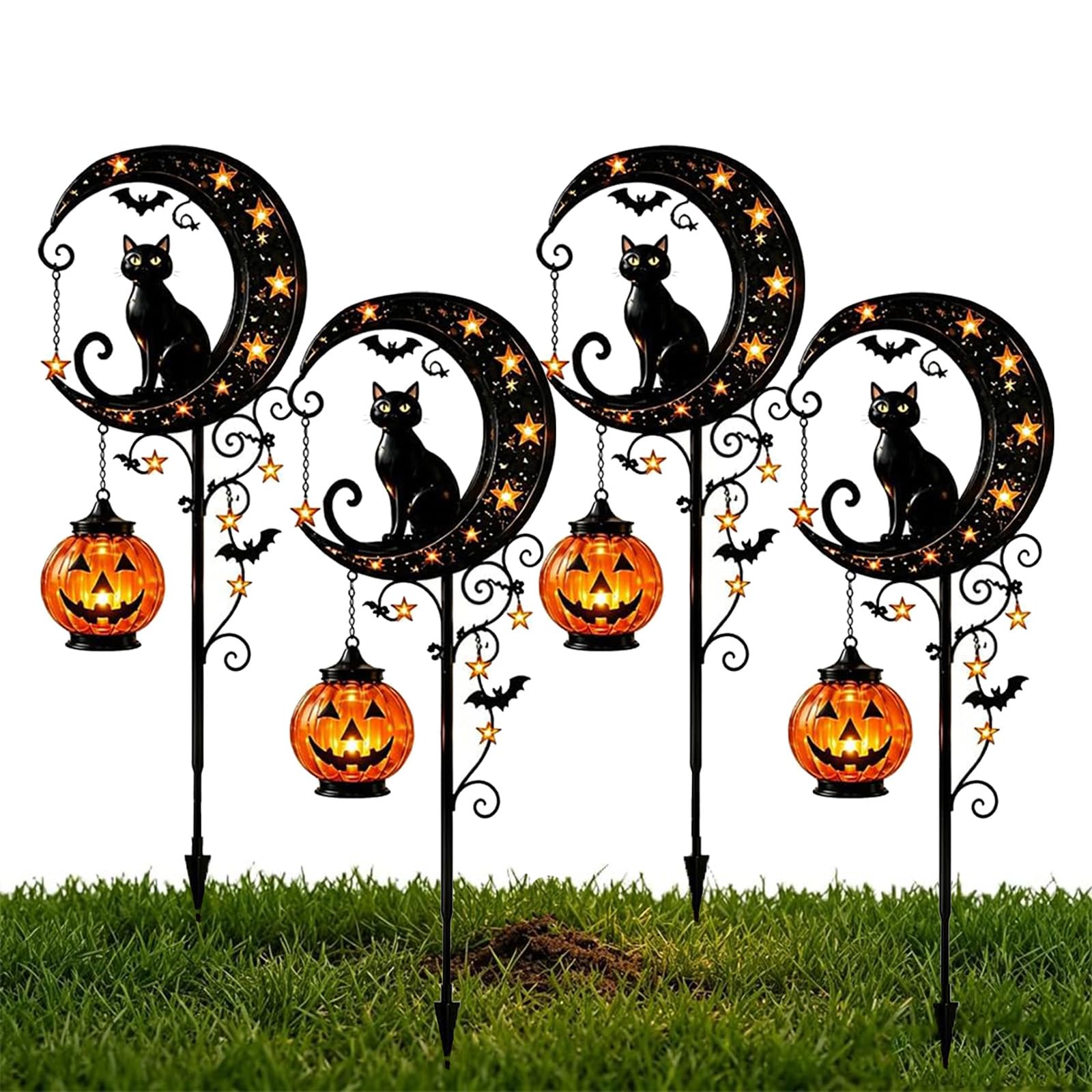 Pealeaf Solar Halloween Garden Lights, Black Cat Pumpkin Moon Solar Stake Light, Outdoor Pumpkin Lamp for Yard Porch Patio Lawn Pathway Halloween Decorations (4PCS,#A)