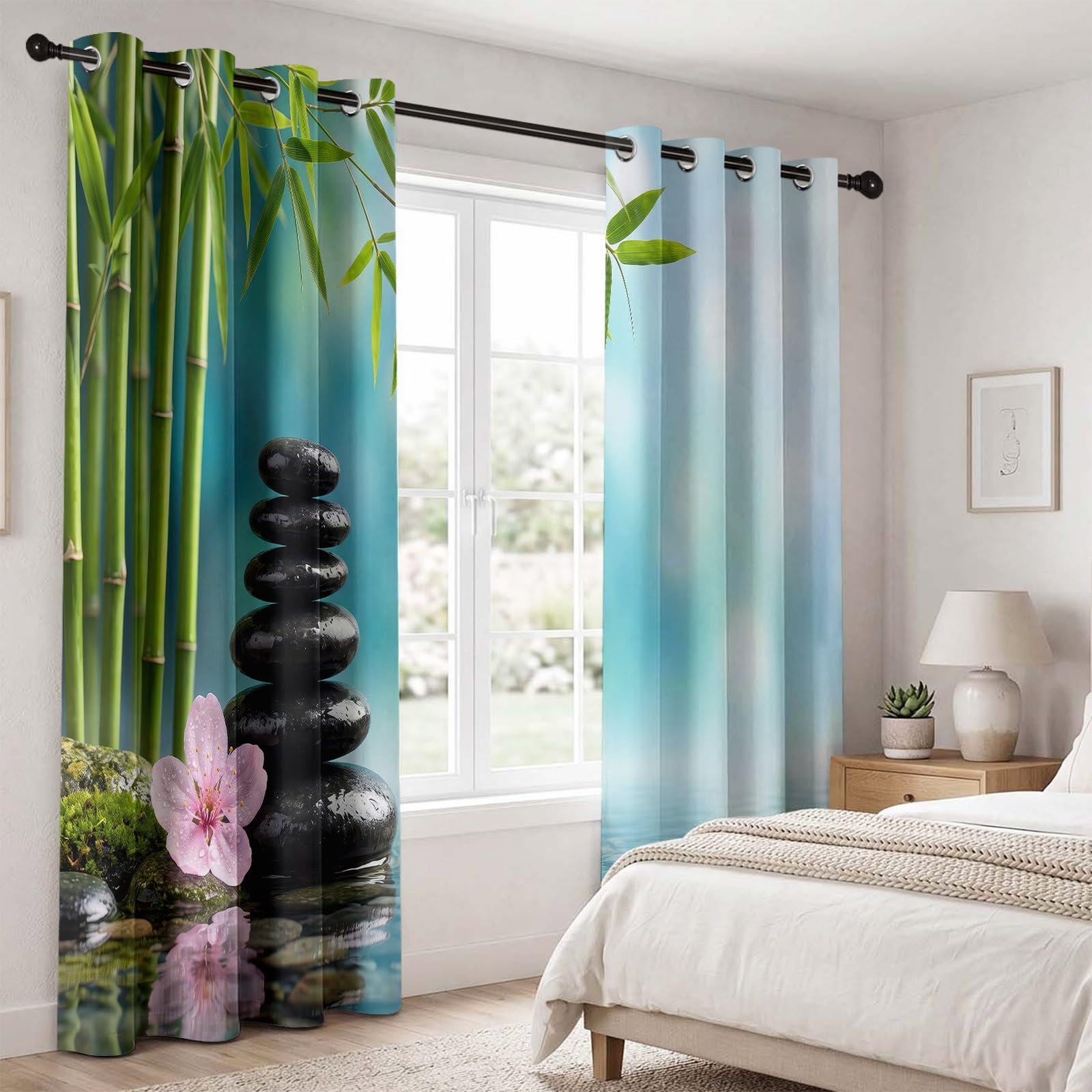 Natürlich Lässiger Stil Verdunkelungsvorhänge, H200 x B70 cm Bambus Blumen Kirschblüten Kieselsteine Wasseroberfläche Vorhänge Ösen 2er Set Schlafzimmer, Blau Raumverdunkelung Vorhänge für Wohnzimmer