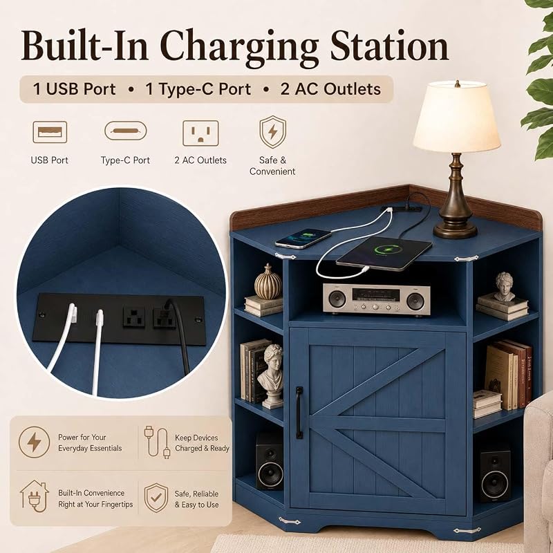 Corner Storage Cabinet with USB Ports & Outlets, Wooden Cube Shelf (Blue) image 5