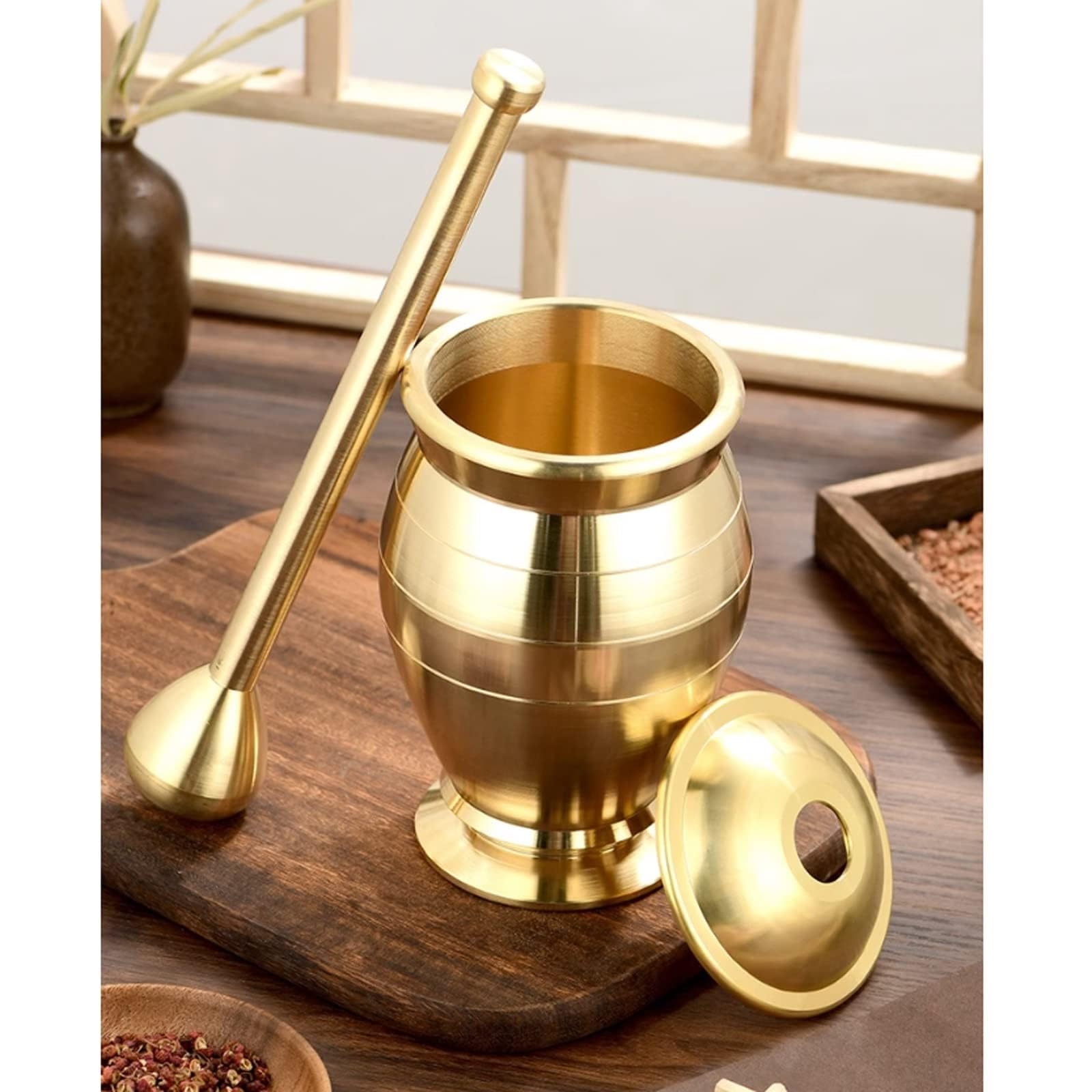 Mortaio e Pestello in Ottone Massiccio, Set Tradizionale e Resistente per Spezie, Erbe, Aglio e Guacamole, Elegante Arredamento da Cucina Fatto a Mano(XX-Large)