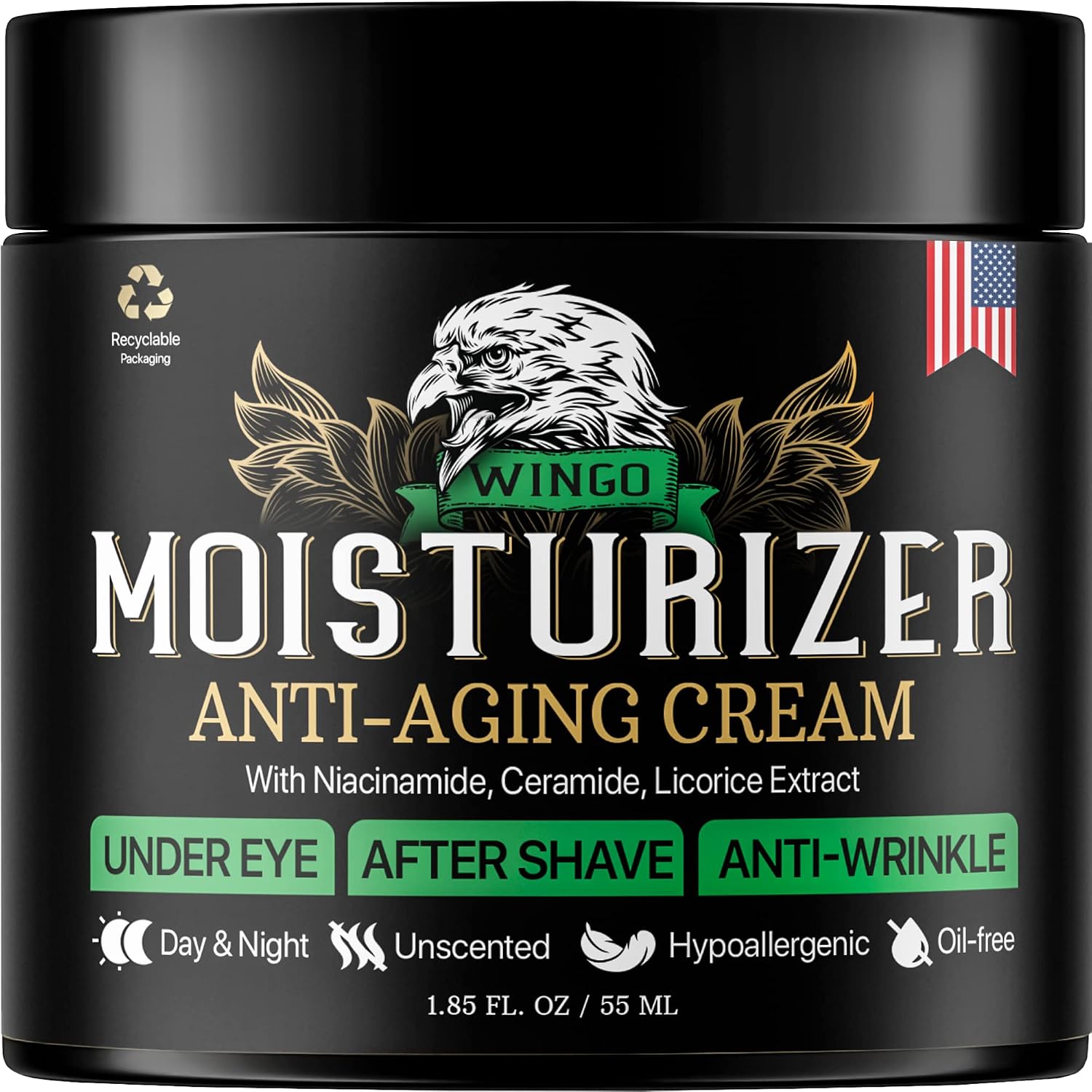 WINGO All-In-One Mens Face Moisturizer Cream - After Shave Lotion for Men - Anti Aging & Wrinkle - Vitamin B E, Collagen, Aloe Vera - Organic Day & Night Skin Care, 1.85 oz