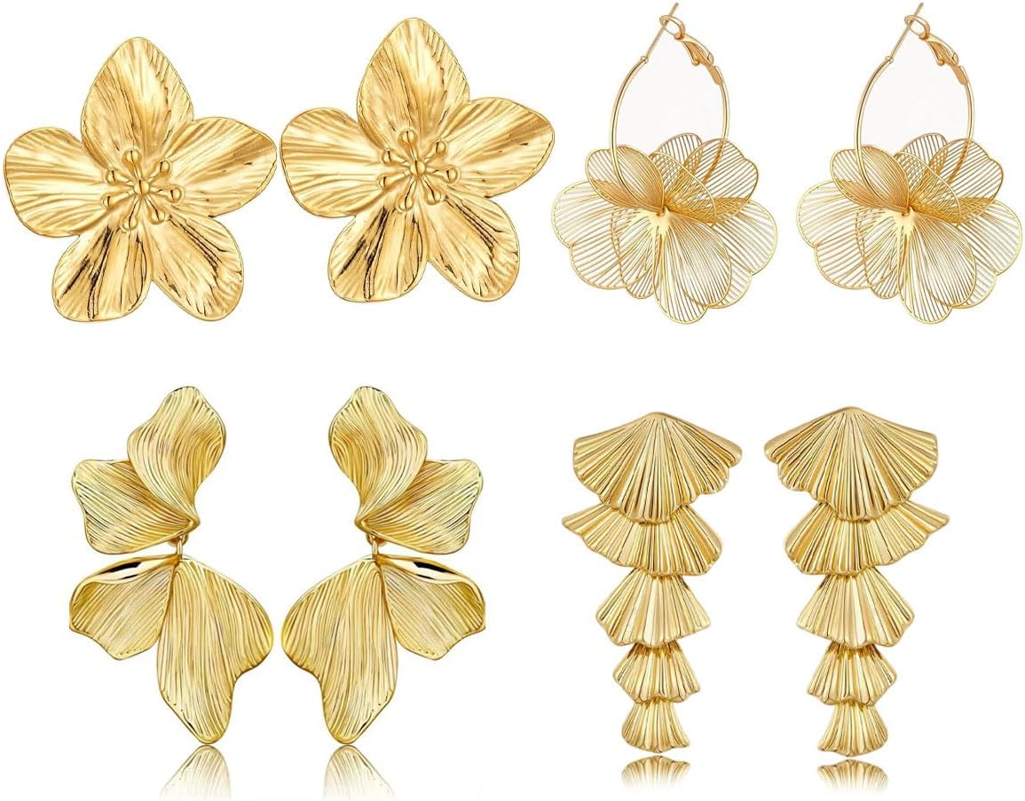 4 Pair Gold Statement Earrings for Women Chunky Gold Plated Flower Leaf Hoop Dangle Earring Trendy Jewelry Gift