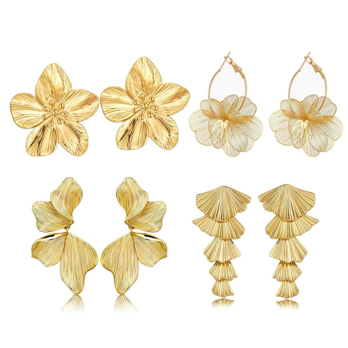 4 Pair Gold Statement Earrings for Women Chunky Gold Plated Flower Leaf Hoop Dangle Earring Trendy Jewelry Gift