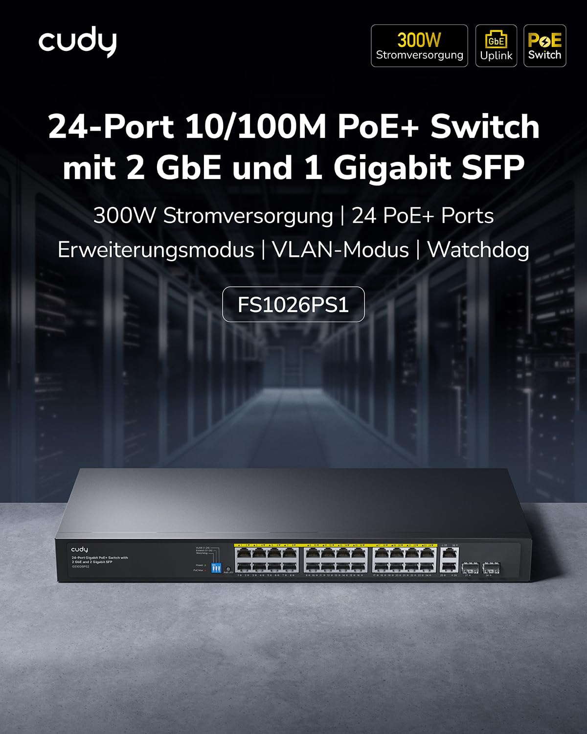 Cudy 24-Port 10/100M PoE+ Netzwerk Switch 300W 2 GbE 1 SFP VLAN FS1026PS1 | Unmanaged Rackmount Metall-Hub; Plug & Play IEEE 802.3at/af; 250m CCTV Extend; Watchdog Recovery; Speist IP Cams, VoIP, APs