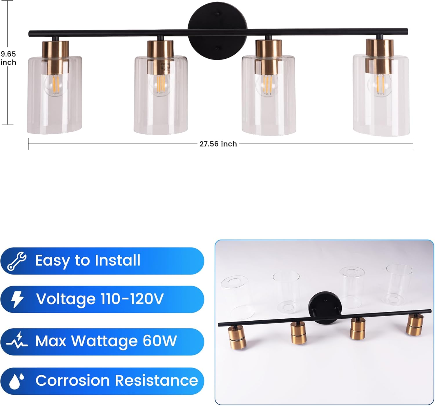 Bathroom Vanity Light, 4-Light Modern Black and Gold Wall Sconce Lighting with Clear Glass Shade, Wall Lights Fixtures Over Mirror, Bath Vintage Wall Mounted Lamps for Bedroom,Living Room