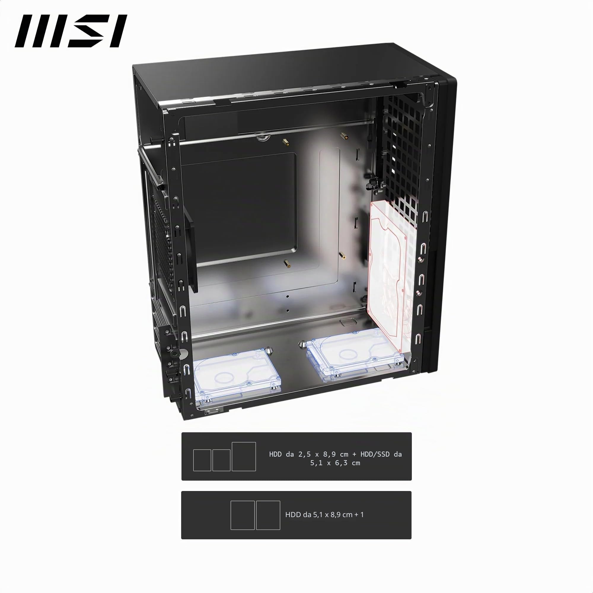 MSI PRO SHIELD M100 è un case per PC compatto, orientato al business, con design elegante nero opaco, supporto per schede madri Micro-ATX e porte I/O frontali—ideale per uffici, scuole e enti pubblici