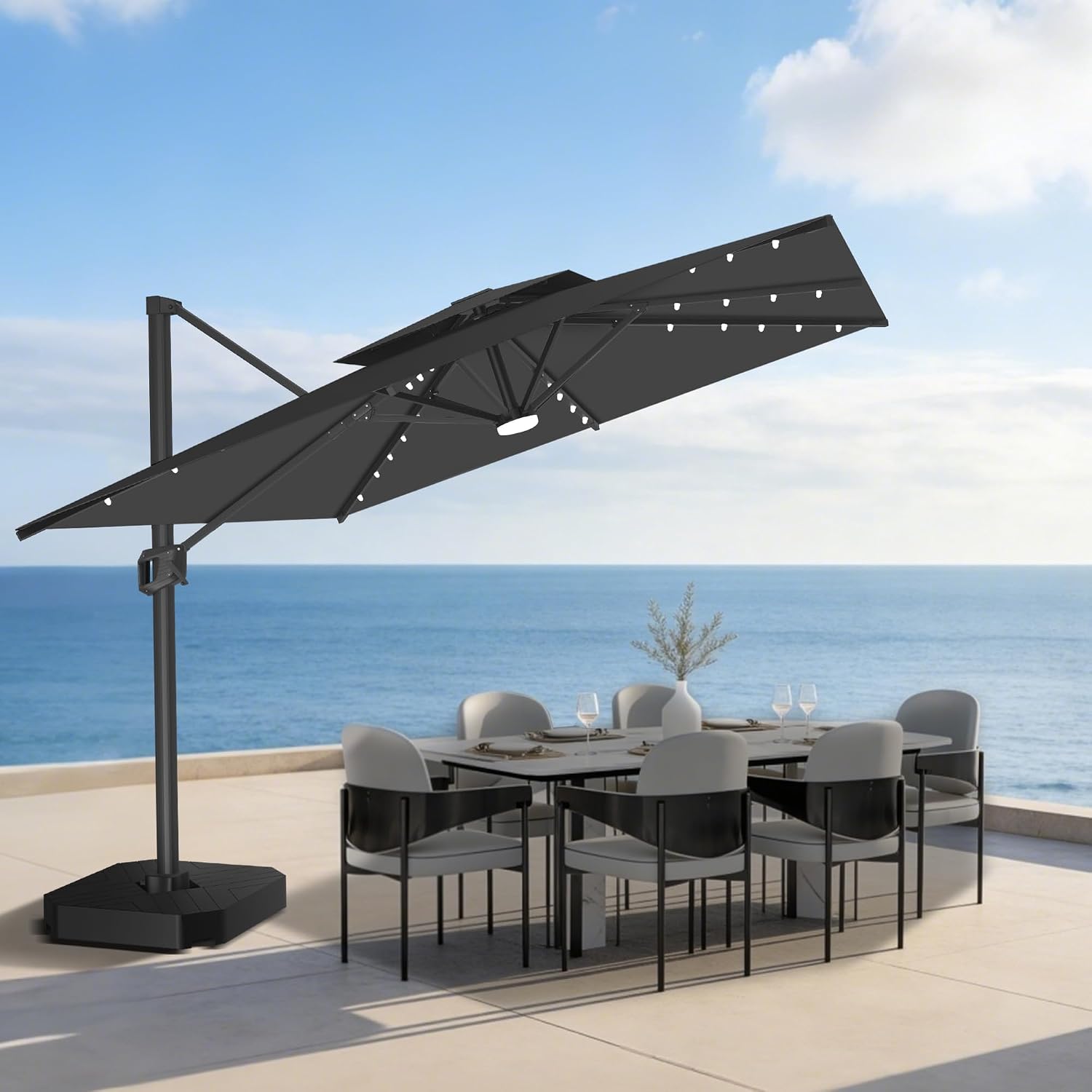 Aegis Pro 10' X 10' Cantilever Umbrella with Built-In LED Lights, Reinforced Aluminum Ribs & Pole, 360-Degree Rotation, Includes Cover for Garden Deck Pool Patio